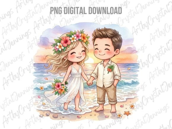 Beach Wedding Bliss: Adorable Chibi Art for Your Projects