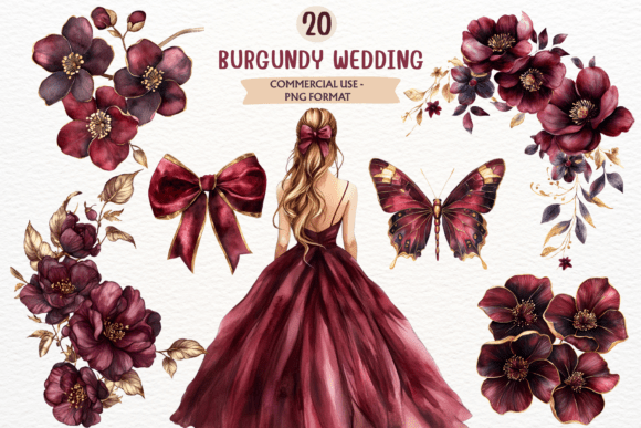 Elegant Watercolor Burgundy Wedding Clipart PNG for Your Designs