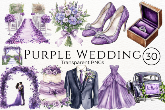 Purple Wedding Watercolor Cliparts: Design Assets for Elegant Projects