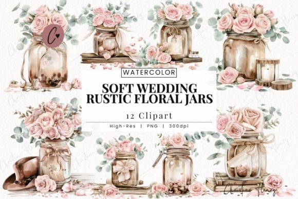 Soft Wedding Rustic Floral Jars Clipart for Creative Projects