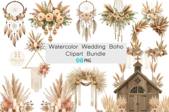 Watercolor Wedding Boho Clipart Bundle: Soft, Earthy Elegance for Your Designs