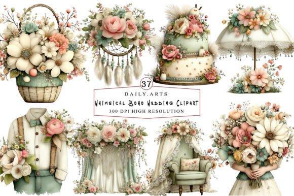 Whimsical Boho Wedding Clipart: Design Elements for a Dreamy Aesthetic