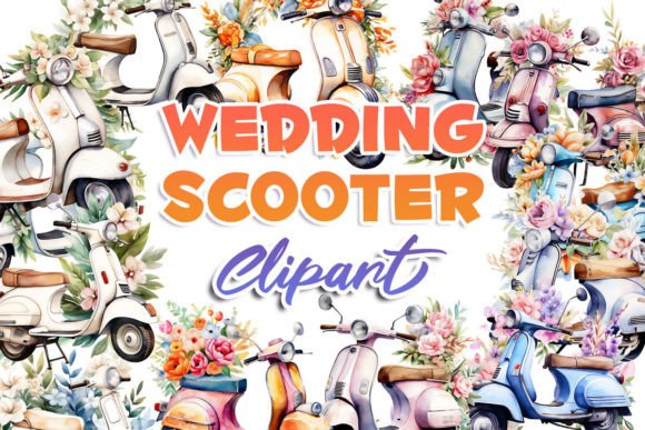 Whimsical Wedding Scooters: Italian Watercolor Clipart for Designs