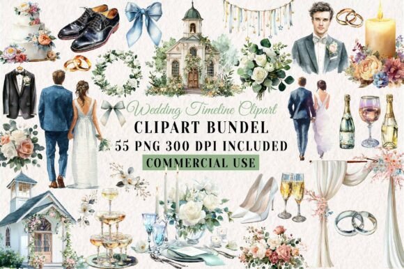 White Wedding, Wedding Timeline Clipart: 55 Designs for Creative Projects